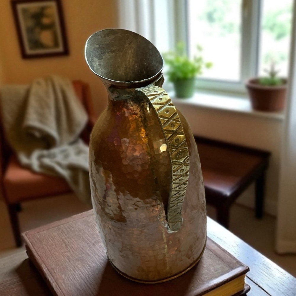 Vintage Hand Hammered Copper Pitcher Brass Handle Primitive Decor